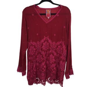 Johnny‎ Was Tunic Top Womens Small Red Embroidered Lace Boho Sheer Long Sleeve